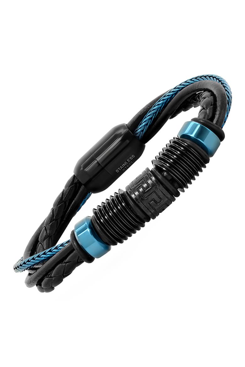 Men's IP Stainless Steel Braided Leather Bracelet, Alternate, color, BLACK / BLUE