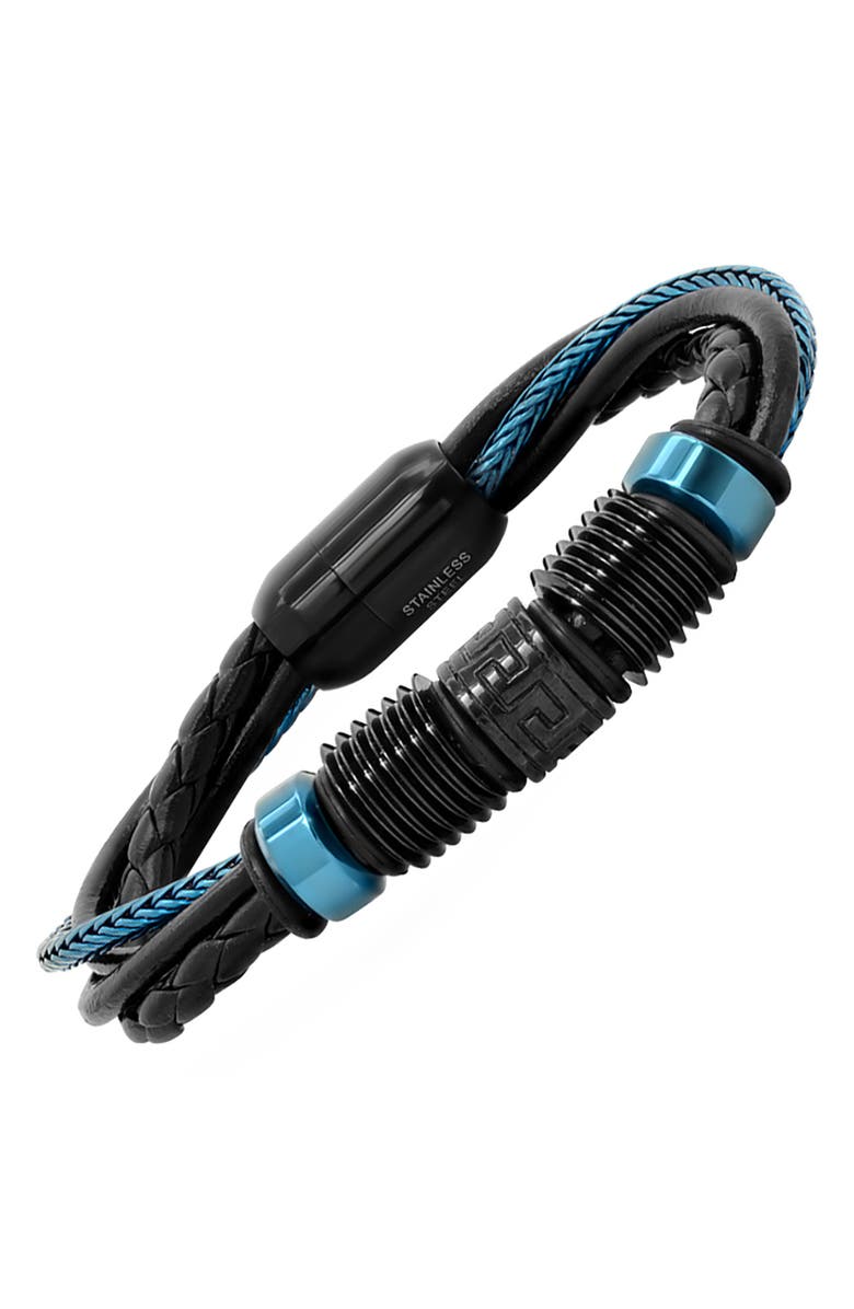 HMY JEWELRY Men's IP Stainless Steel Braided Leather Bracelet, Alternate, color, Black / Blue