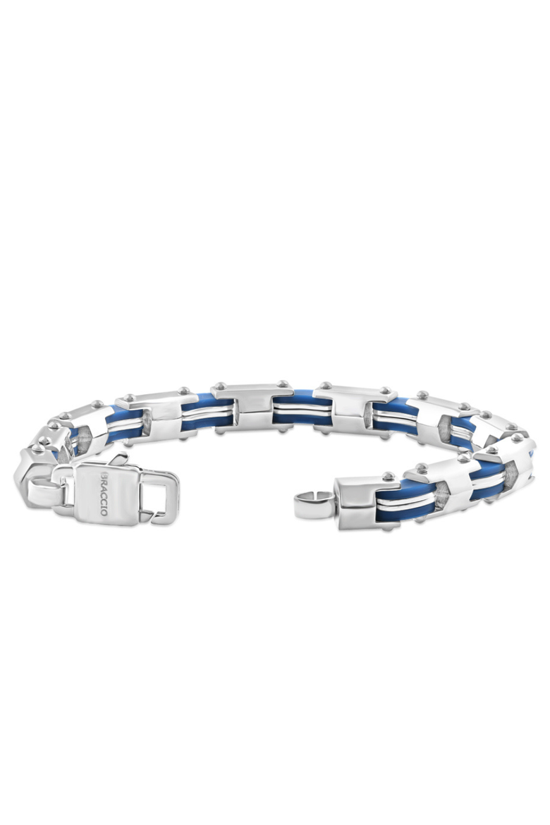 Men's Steel And Blue Two Tone 8mm Link Flexible Trigger Clasp  8.5 " Bracelet, Alternate, color, Stainless Steel