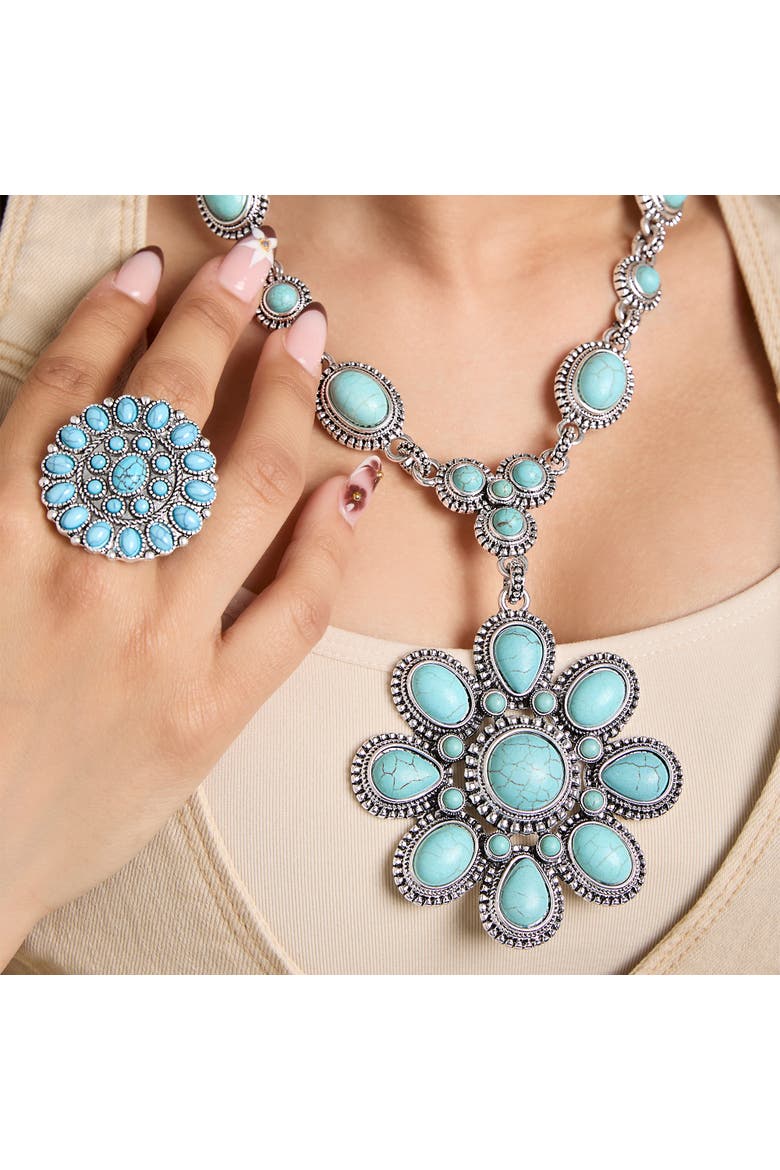 Women's Large Turquoise Stone Flower Necklace in Silver or Gold Tone, Alternate, color, Gold, silver, turquoise