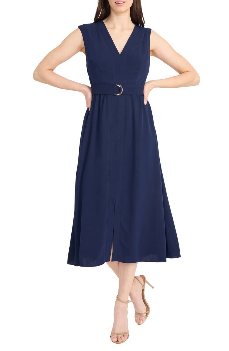 Maggy London Sleeveless Belted Midi Dress, Main, color, Navy Blazer