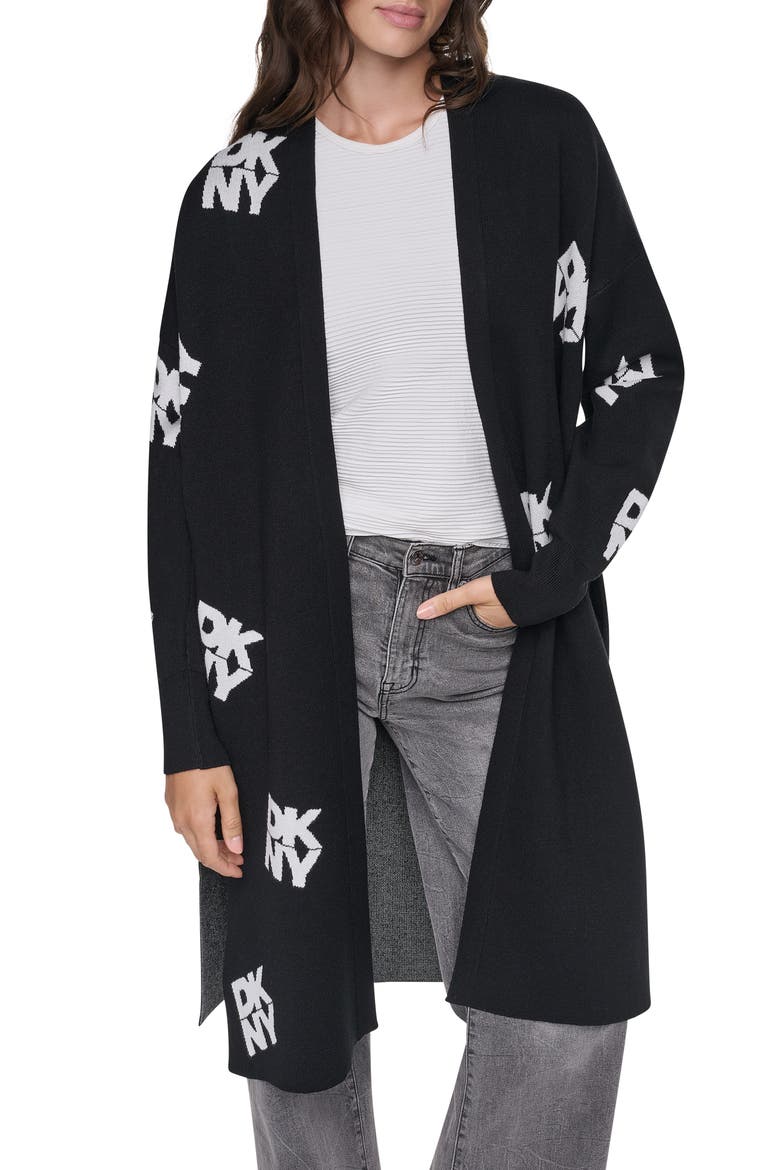 Stack Logo Long Cardigan, Alternate, color, BLACK/IVORY