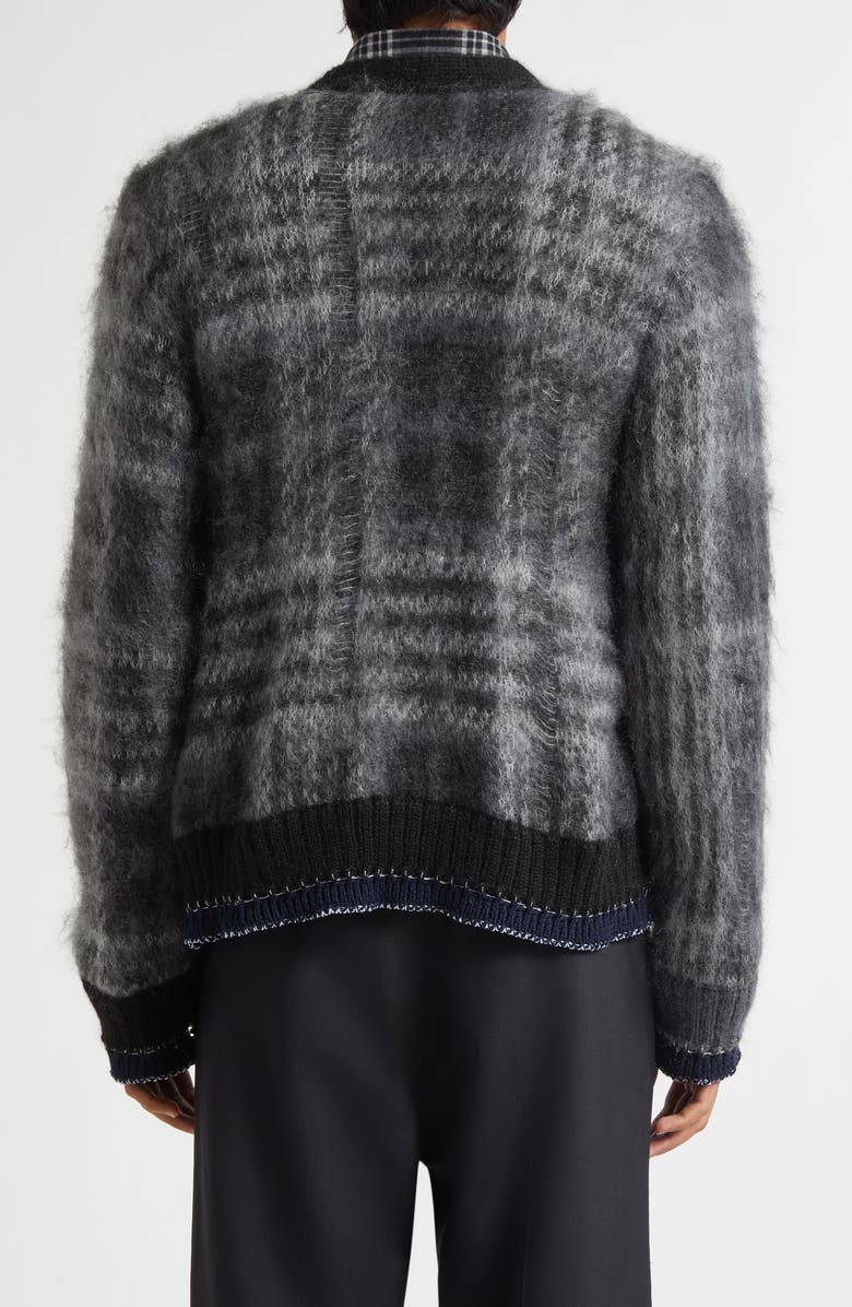 Sacai Plaid Distressed Mohair Blend Cardigan, Alternate, color, Black