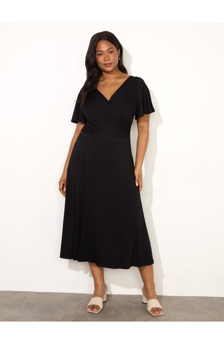 Live Unlimited Ditsy Jersey Flutter Sleeve Wrap Dress, Main, color, Black