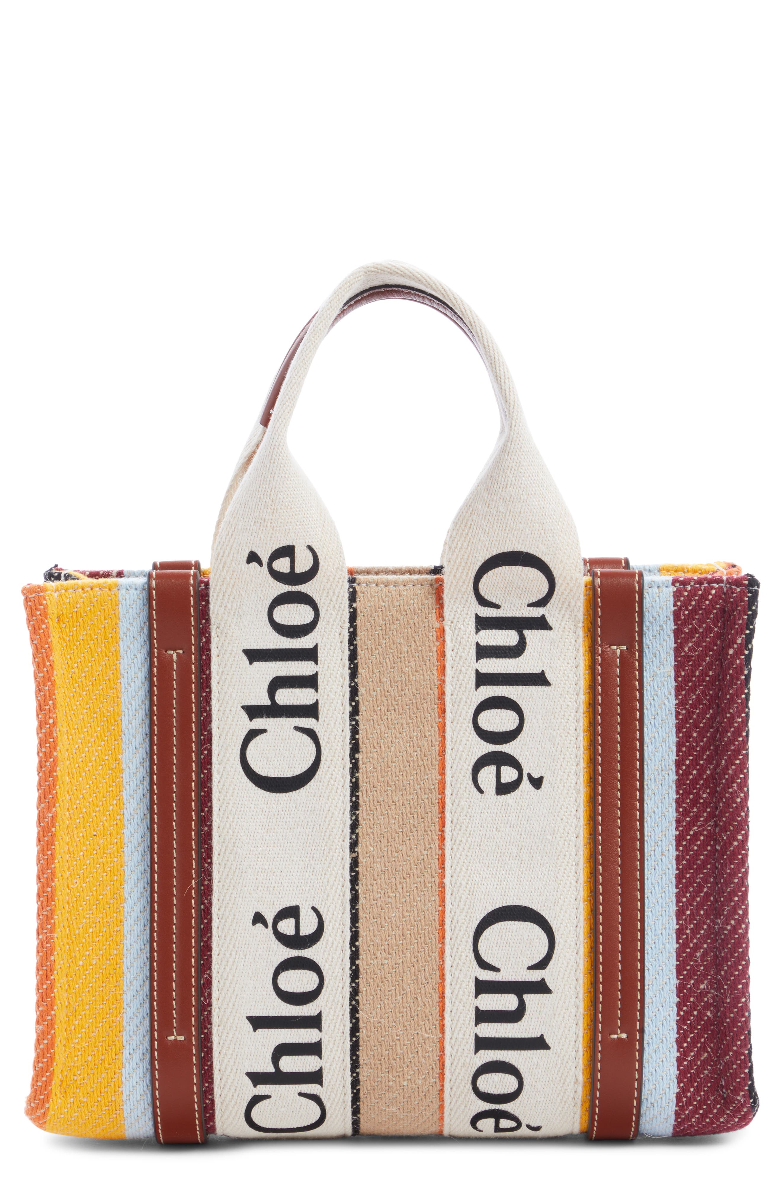Chloé Woody Logo Strap Stripe Cotton Crossbody Bag, Main, color, 