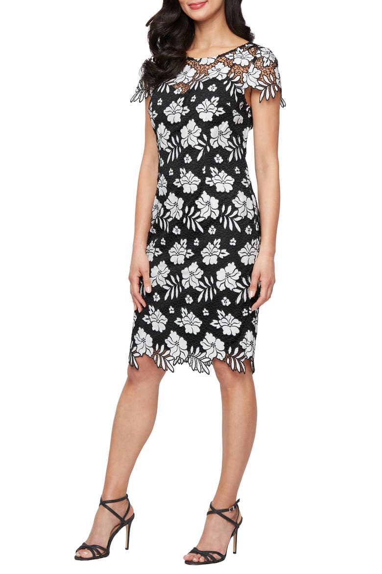 Embroidered Lace Cocktail Dress, Main, color, BLACK WHITE
