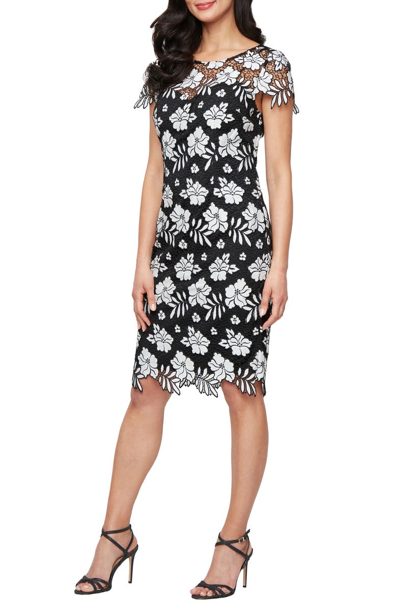 Alex Evenings Embroidered Lace Cocktail Dress, Main, color, Black White