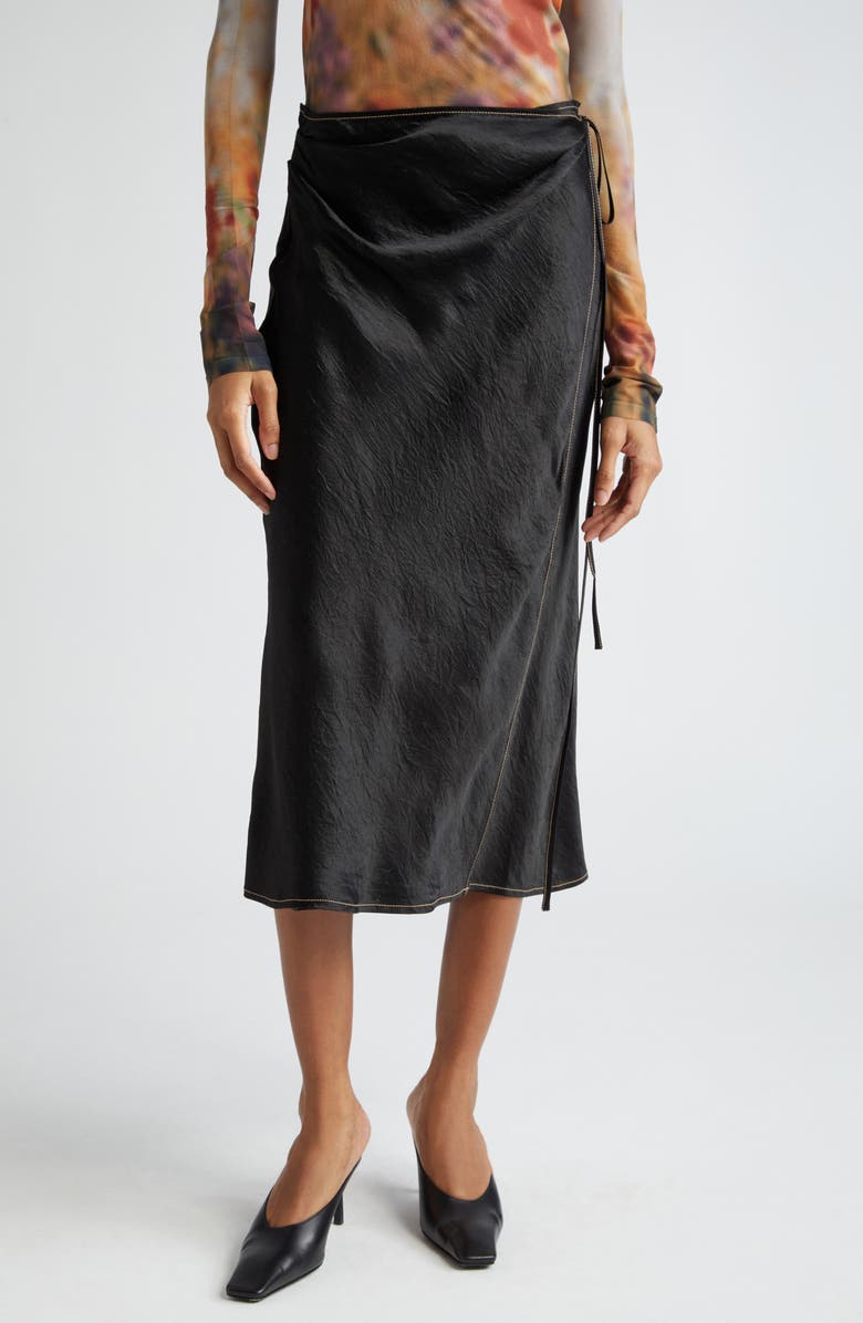 Acne Studios Iala Crinkle Satin Wrap Skirt, Alternate, color, Black