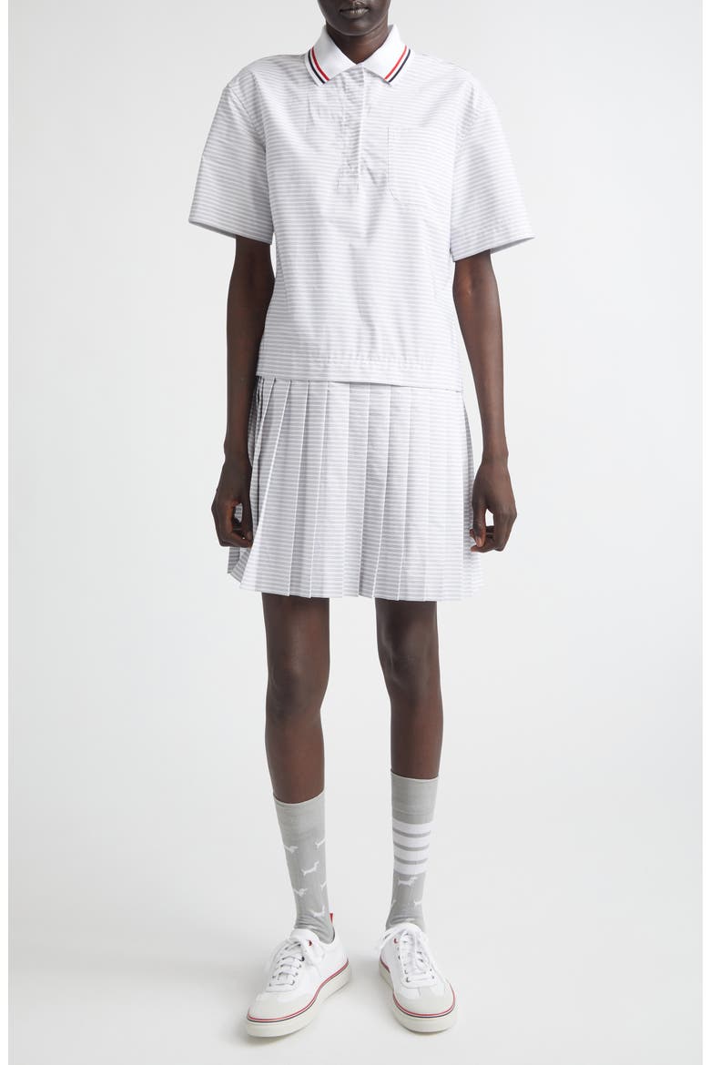 Stripe Pleated Cotton Polo Shirtdress, Main, color, MED GREY