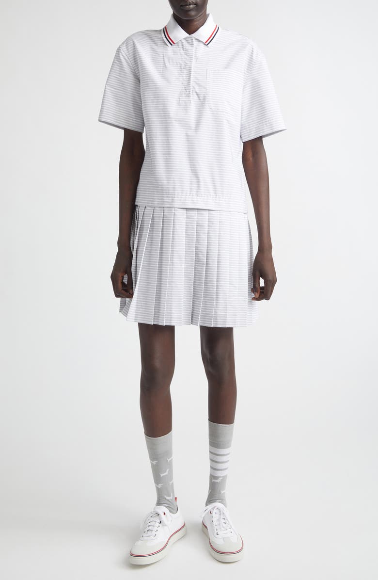 Thom Browne Stripe Pleated Cotton Polo Shirtdress, Main, color, Med Grey
