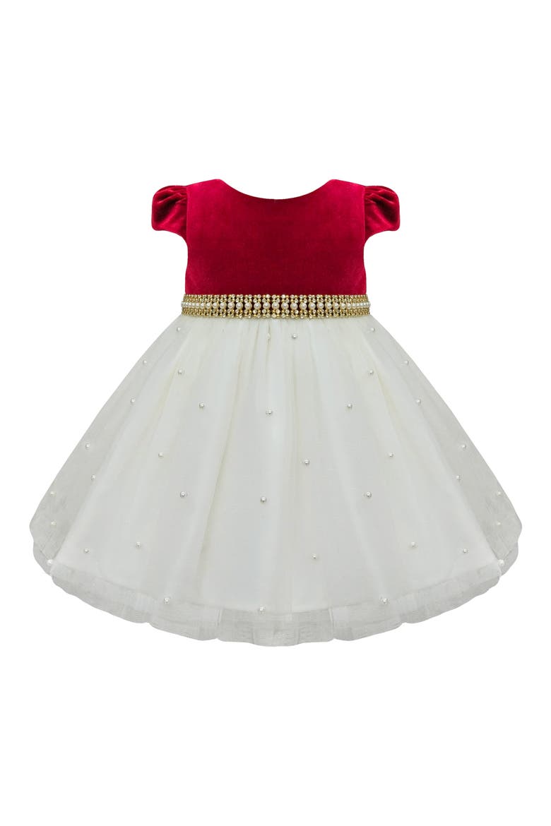 Velvet Faux Pearl Mesh Dress, Main, color, RUBYRED