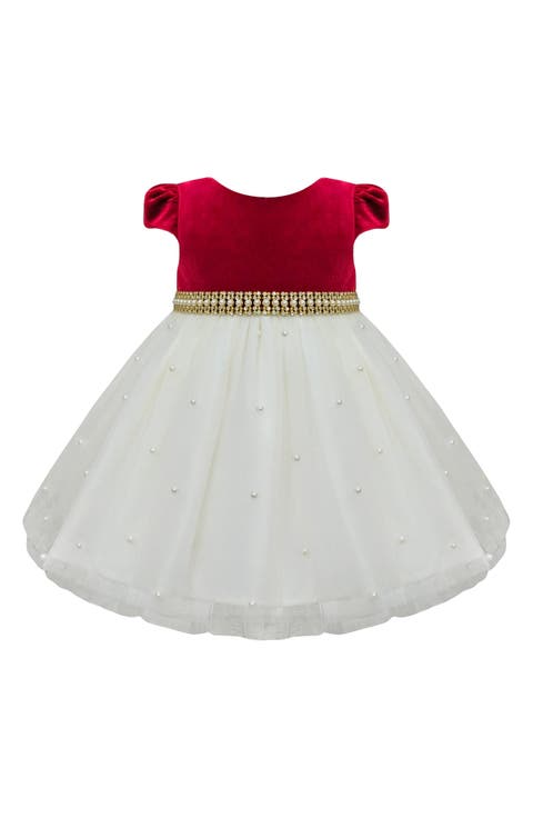 Velvet Faux Pearl Mesh Dress (Baby)