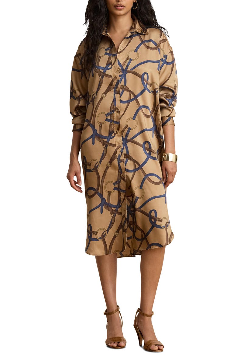 Belt Print Long Sleeve Twill Shirtdress, Main, color, CAMEL BEIGE