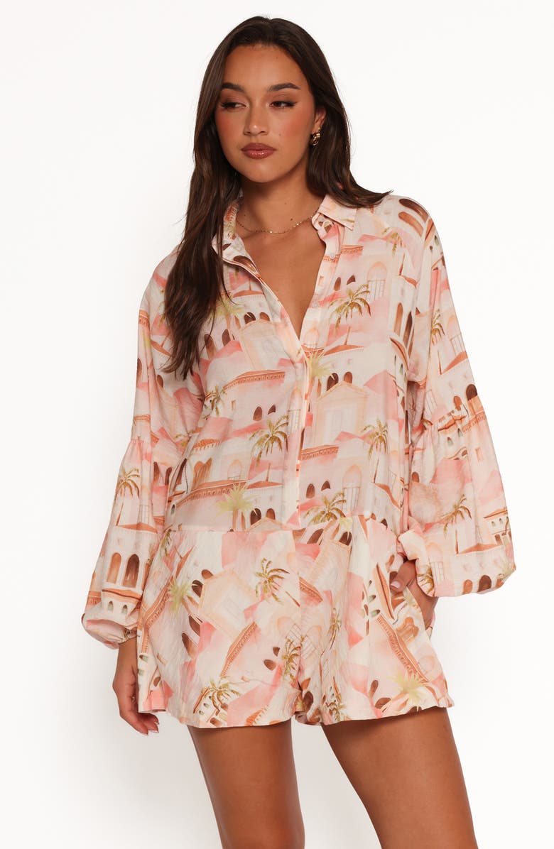 Petal & Pup Cowper Landscape Print Long Sleeve Romper, Alternate, color, Tan Print