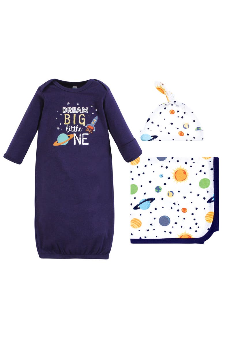 Newborn Layette Collection Gown, Swaddle & Choice of Headwear, Main, color, Solar System