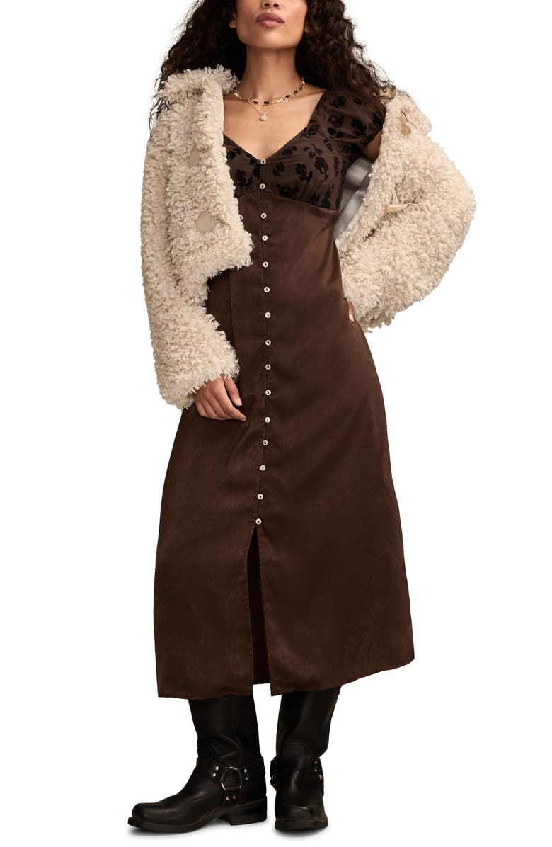 Lucky Brand Simone Velvet Burnout Midi Dress, Alternate, color, Chocolate Brown