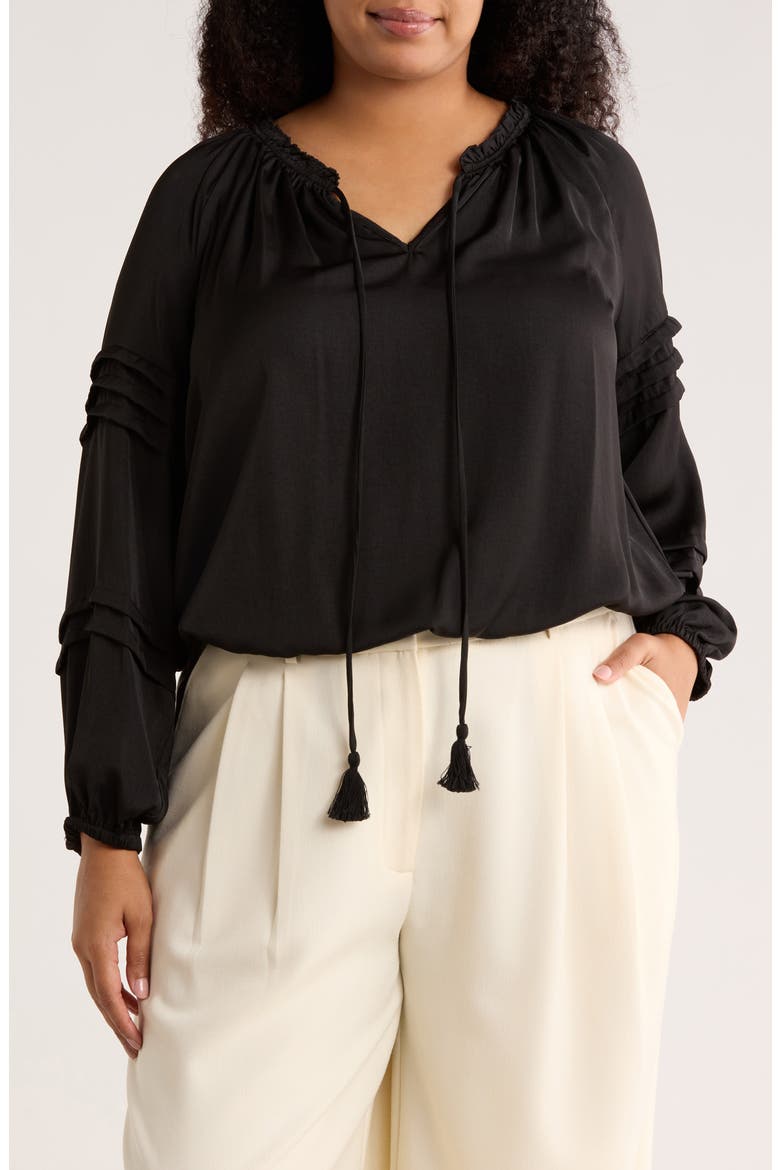 Tie Front Long Sleeve Satin Top, Main, color, BLACK