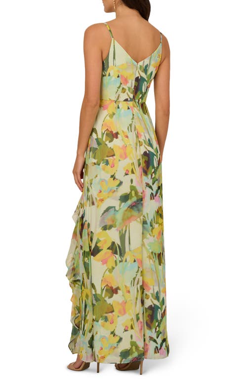 ADRIANNA PAPELL ADRIANNA PAPELL FLORAL CASCADE RUFFLE CHIFFON GOWN