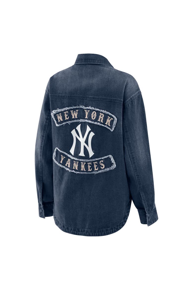 Women's WEAR by Erin Andrews  Denim New York Yankees Washed Oversized Denim Full-Snap Shacket, Alternate, color, Denim