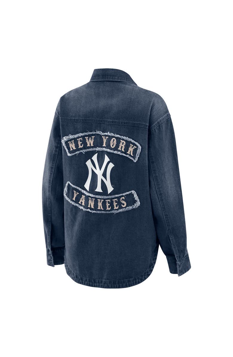 WEAR by Erin Andrews Women's WEAR by Erin Andrews  Denim New York Yankees Washed Oversized Denim Full-Snap Shacket, Alternate, color, Denim