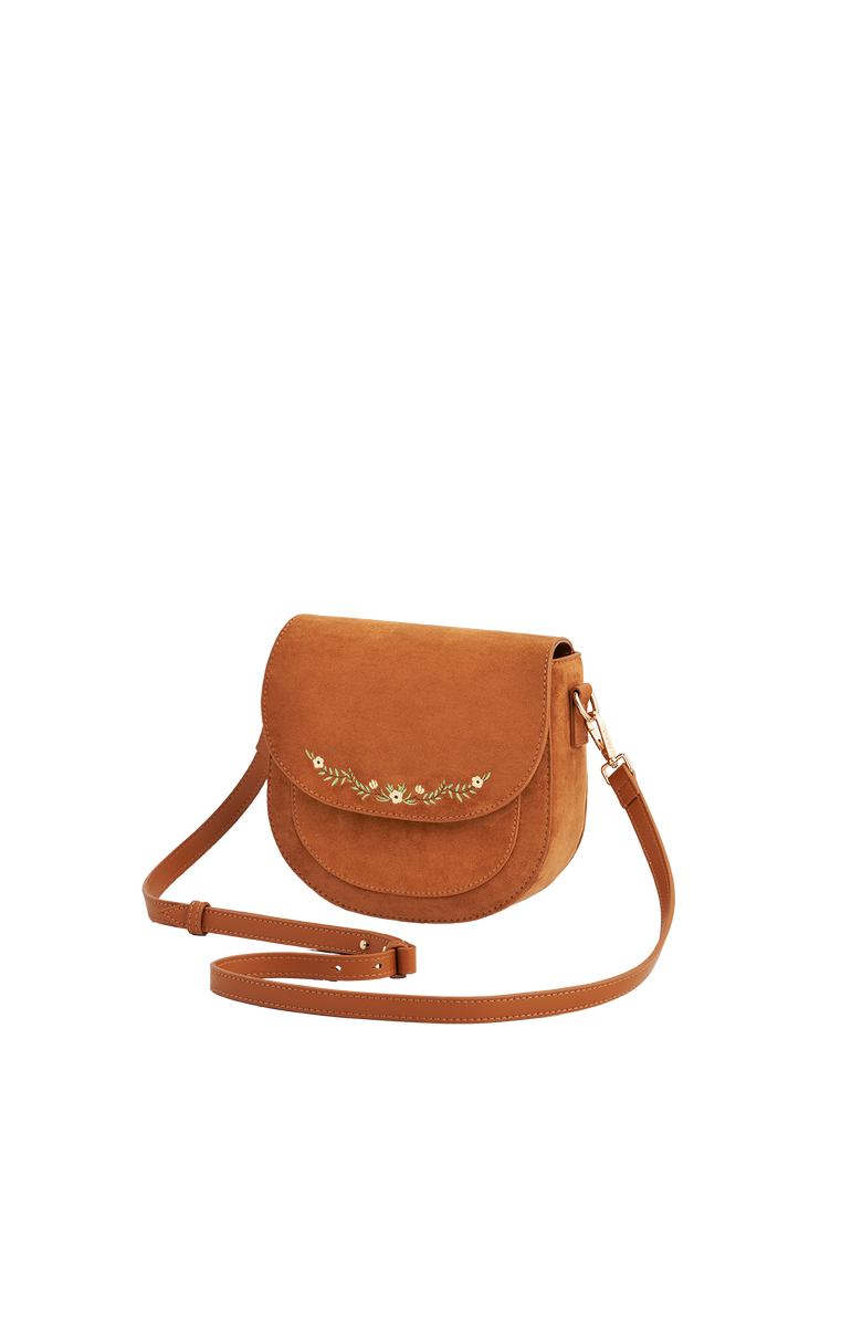 Fable England Floral Faux Suede Embroidered Saddle Purse, Alternate, color, Light/Pastel Brown