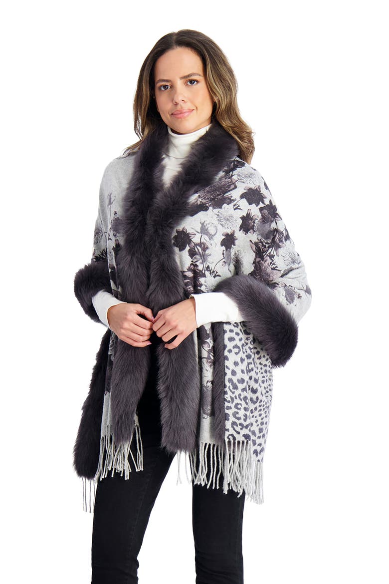 Double Face Cashmere Stole With Tape Top And Bottom, Alternate, color, GRAY PRINT/ANIMAL PRINT