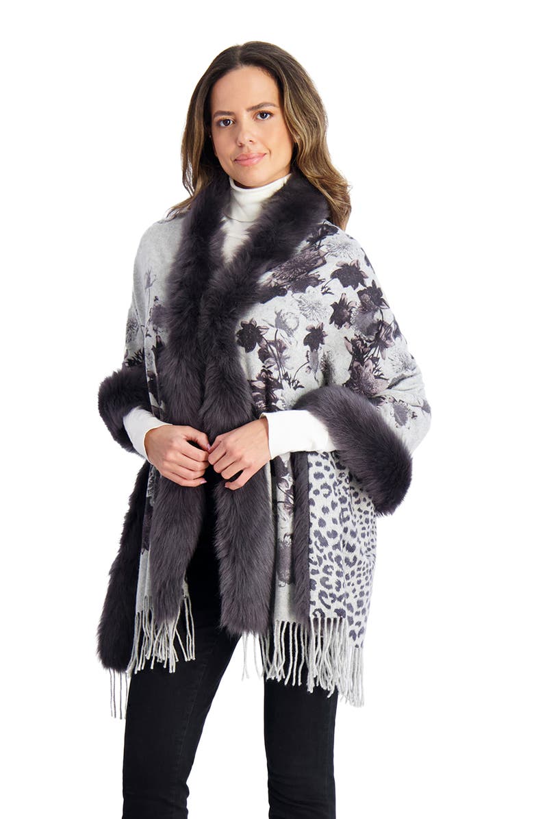 GORSKI Double Face Cashmere Stole With Lamb Tape Top And Bottom, Alternate, color, Gray Print/Animal Print