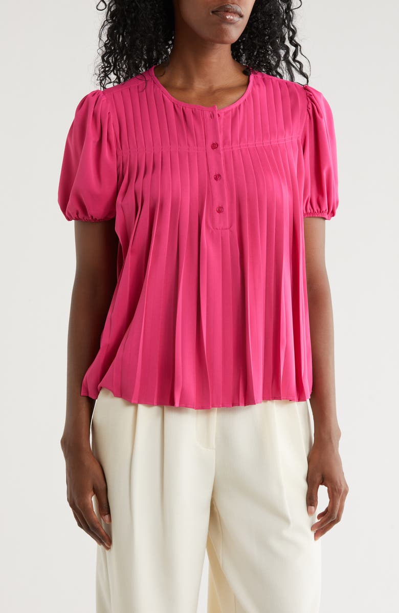Nicole Miller Round Neck Short Sleeve Top, Main, color, Pink Yarrow