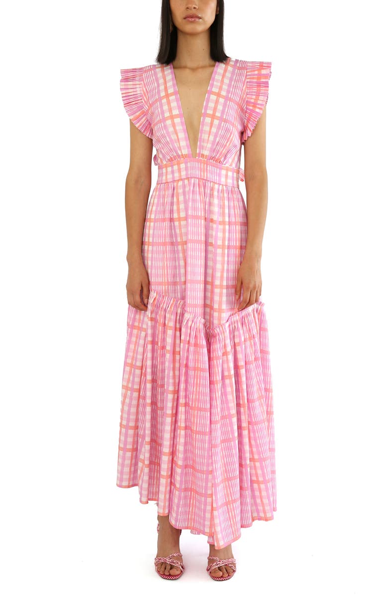 De Loreta Totora Hi-Low Ruffled Hem Cotton Maxi Dress, Main, color, Loto Print