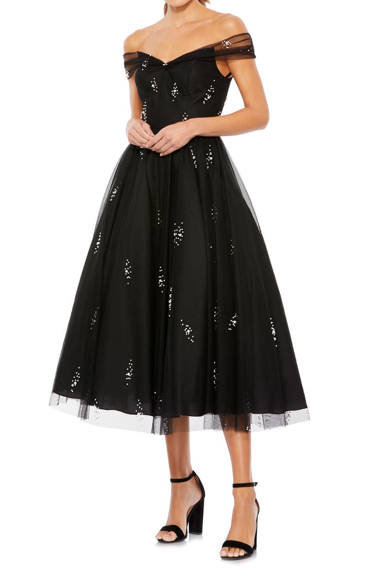 Women's Off The Shoulder Embellished Tulle Cocktail Dress, Main, color, BLACK