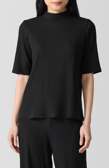 Eileen Fisher Textured Stretch Rib Mock Neck Top In Black