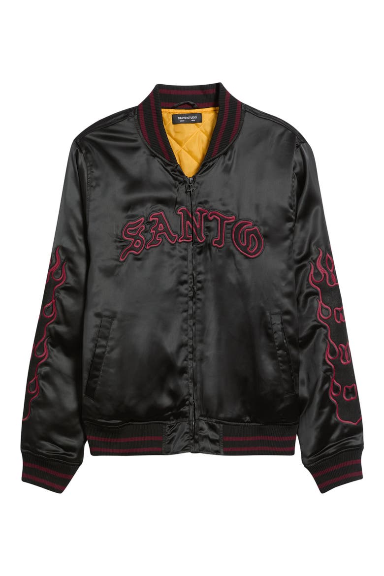 Flames Varsity Jacket, Alternate, color, BLACK