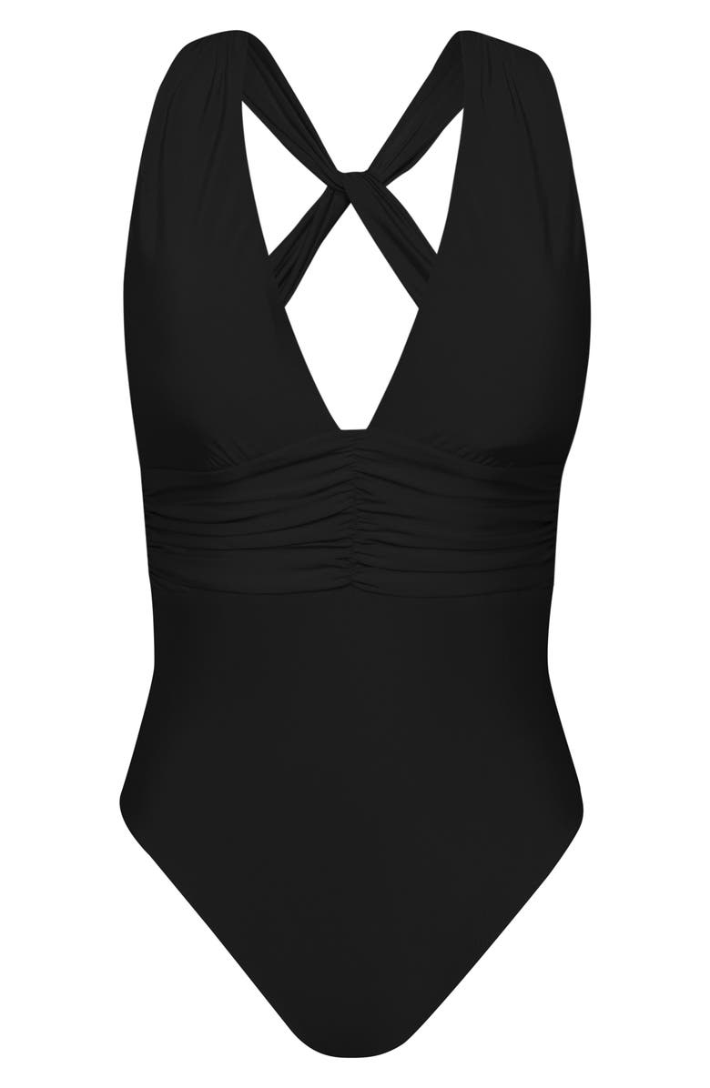 Sunshine 79 Solids Ruched Plunge One-Piece Swimsuit, Alternate, color, Black