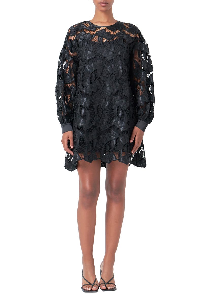 Long Sleeve Lace Minidress, Main, color, BLACK