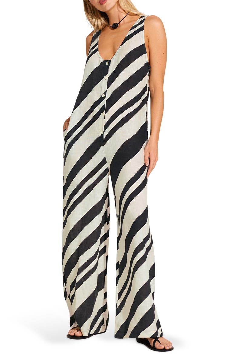 Vitamin A<sup>®</sup> Jessa Stripe Sleeveless Wide Leg Cover-Up Jumpsuit, Main, color, Black