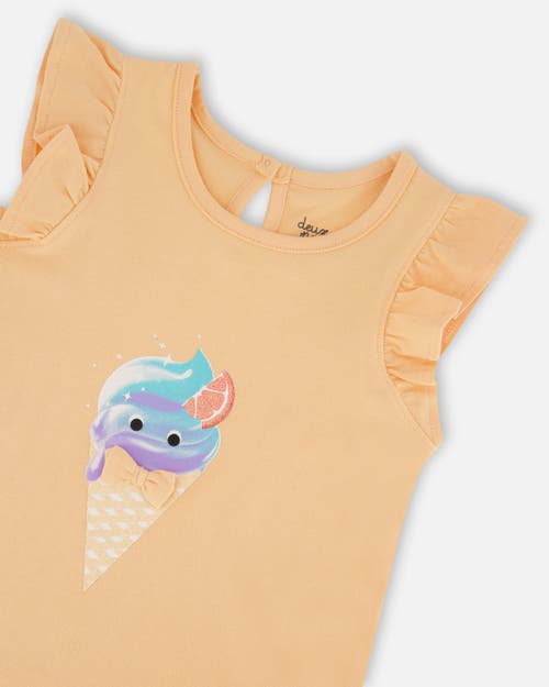 Deux Par Deux Girl's Organic Cotton Tunic With Frill And Print Light Orange And Ice Cream Cone In Light Orange And Ice Cream