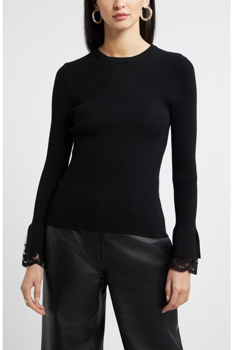 Lace Cuff Ribbed Sweater, Main, color, BLACK