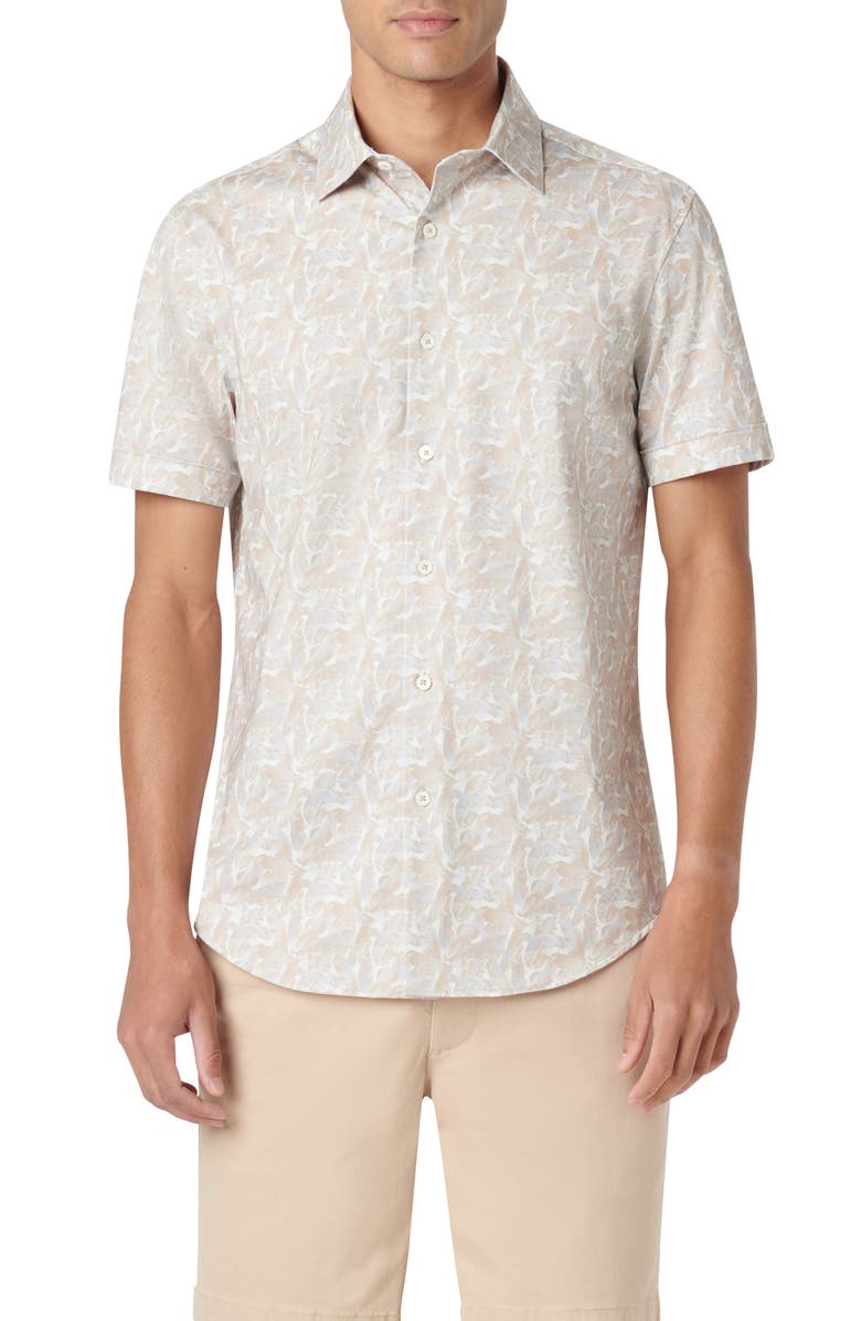 Bugatchi Miles OoohCotton<sup>®</sup> Leaf Print Short Sleeve Button-Up Shirt, Main, color, Sand