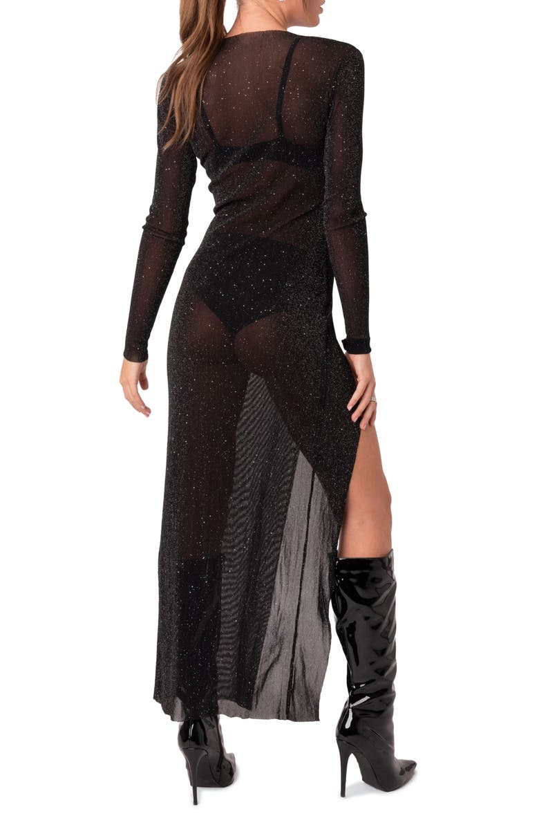 EDIKTED Glitter Mesh Slit Maxi Dress, Alternate, color, Black
