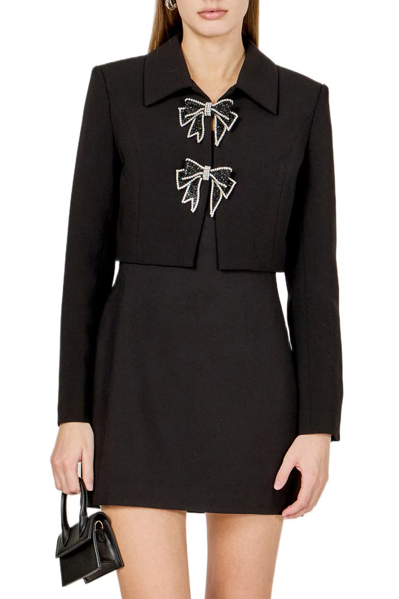 Rhinestone Bow Detail Crop Jacket, Main, color, BLACK