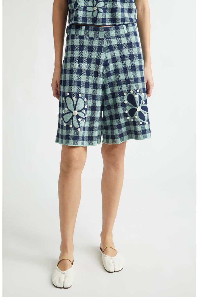 Gingham Flower Linen & Cotton Blend Jacquard Bermuda Shorts, Main, color, MINT/ MIDNIGHT