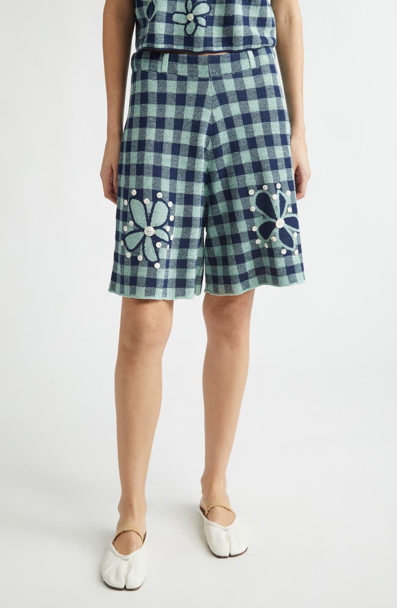YanYan Gingham Flower Linen & Cotton Blend Jacquard Bermuda Shorts, Main, color, Mint/ Midnight