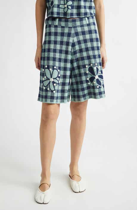 Gingham Flower Linen & Cotton Blend Jacquard Bermuda Shorts