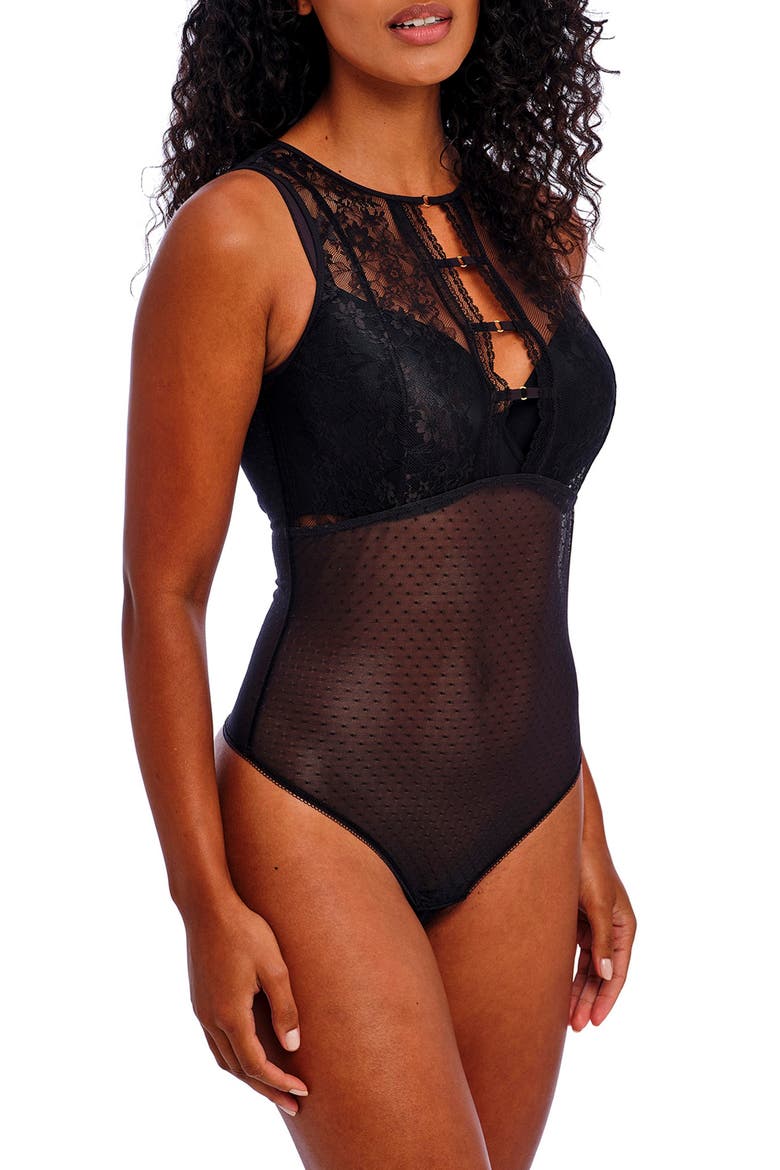 Sydnie Lace Thong Bodysuit, Alternate, color, BLACK