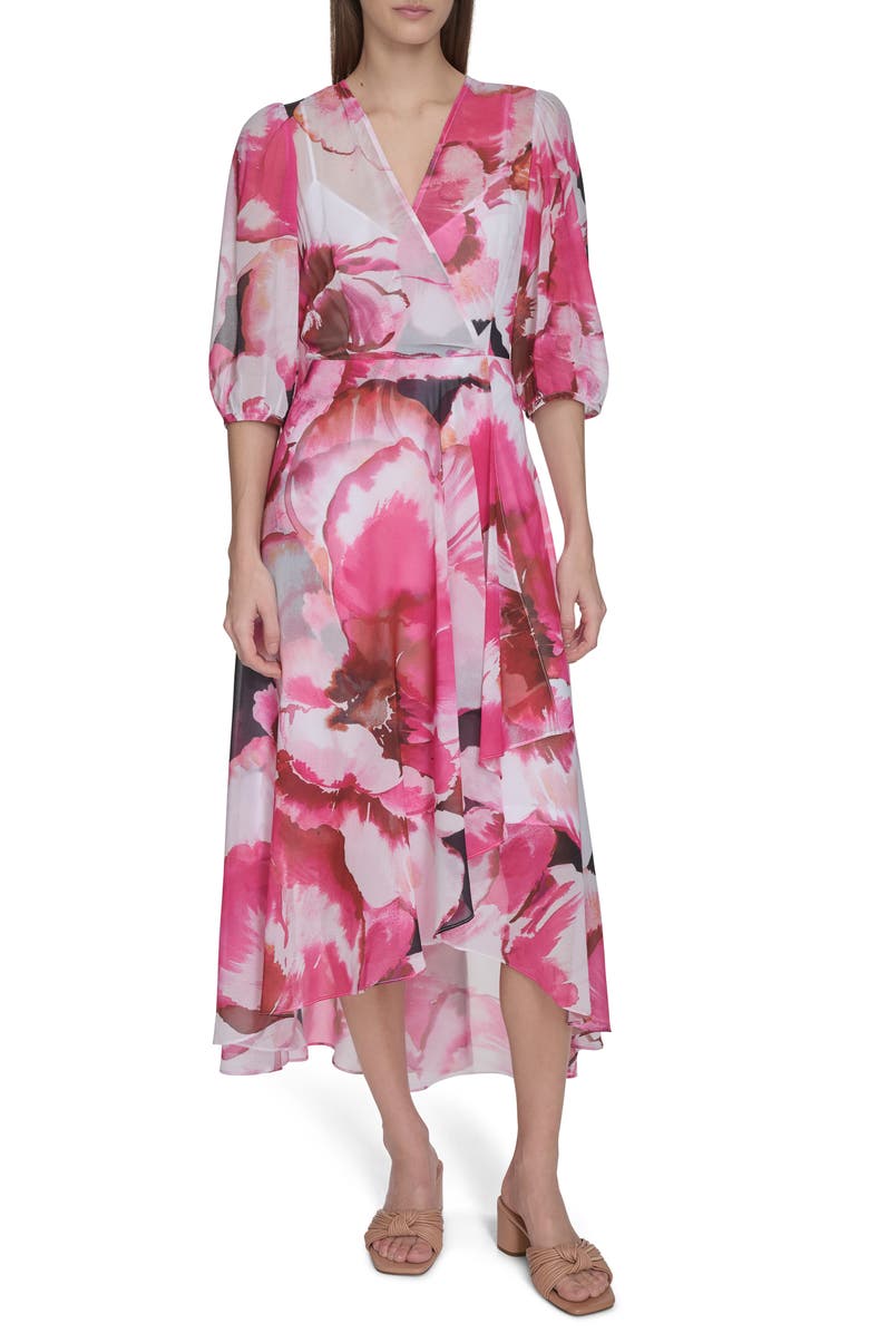 Calvin Klein Floral Chiffon Faux Wrap Midi Dress, Main, color,