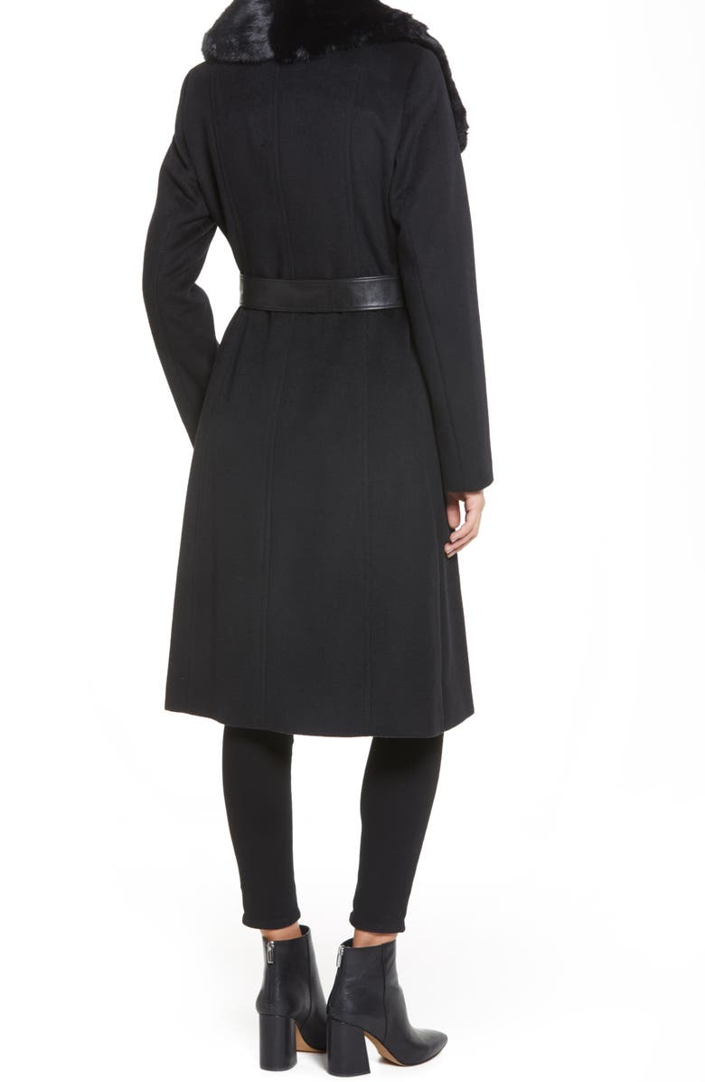 Via Spiga Faux Fur Trim Belted Wool Blend Coat, Alternate, color, 