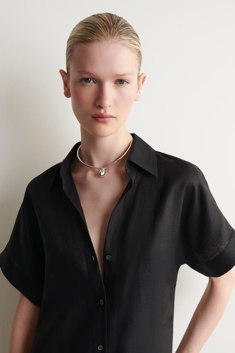 Open-collar Linen Mini Shirt Dress, Alternate, color, BLACK