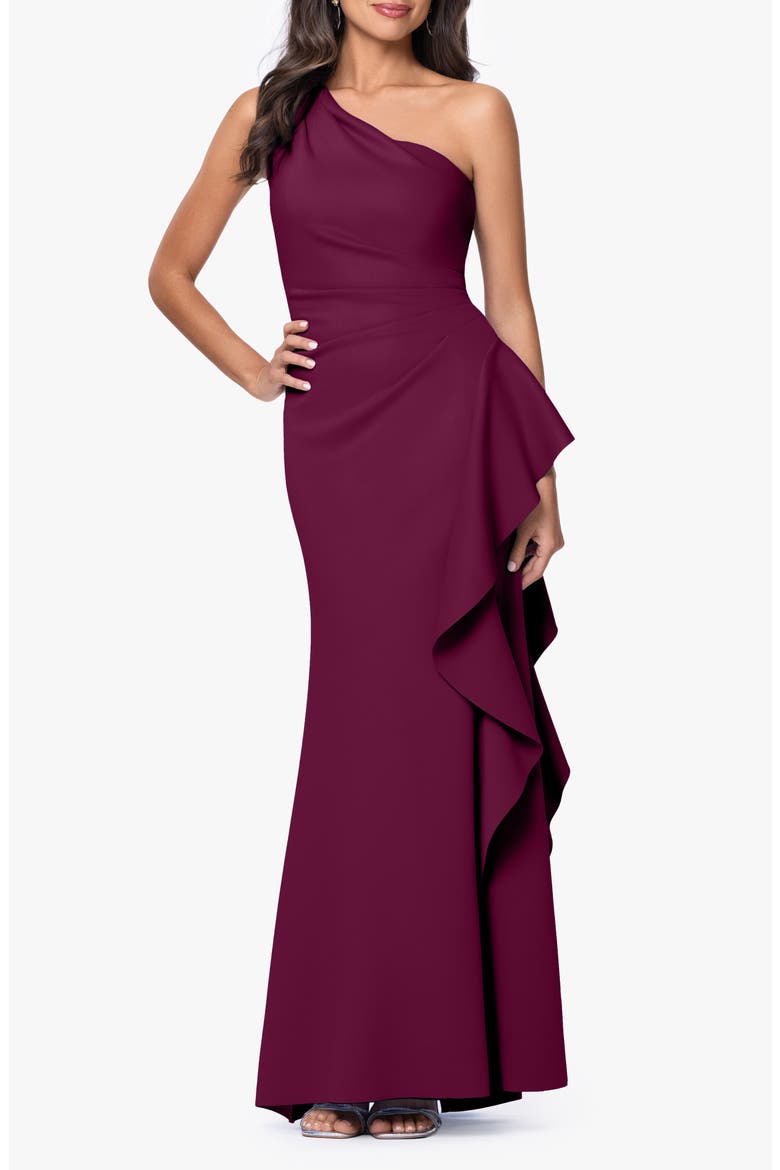 One-Shoulder Ruffle Scuba Crepe Gown, Main, color, RAISIN