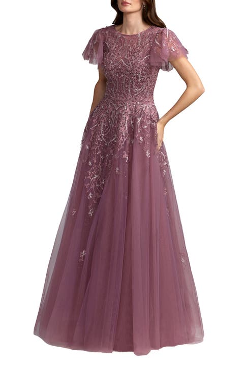 Beaded Embroidered Tulle Flutter Sleeve Ball Gown