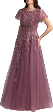Mac Duggal Beaded Embroidered Tulle Flutter Sleeve Ball Gown